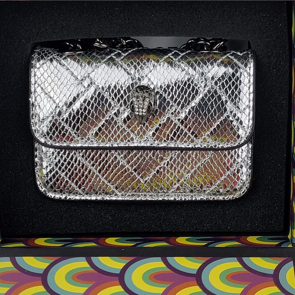 Designer Micro Mini Purse Metallic Sliver Quilt Crossbody 24" Chain Bag Eagle - Picture 10 of 11